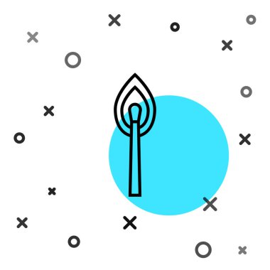 Beyaz arkaplanda izole edilmiş ateş ikonu ile siyah çizgi yakma kibriti. Ateşle maç. Kibrit işareti. Rastgele dinamik şekiller. Vektör.