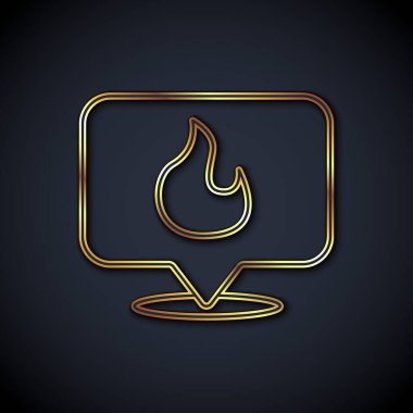 Siyah zemin üzerinde ateş alev ikonu olan altın çizgili harita işaretçisi. Yakında yangın var. Vektör.