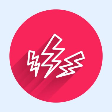 Beyaz çizgi Zeus simgesi uzun gölgeli izole edilmiş. Yunan tanrısı. Şimşek Tanrısı. Kırmızı daire düğmesi. Vektör.