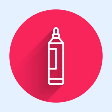 Beyaz çizgi kalem simgesi uzun gölgeyle izole edildi. Kırmızı daire düğmesi. Vektör.