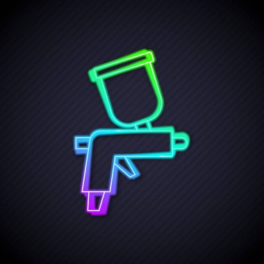 Parlak neon çizgili sprey tabanca ikonu siyah arkaplanda izole edildi. Vektör.