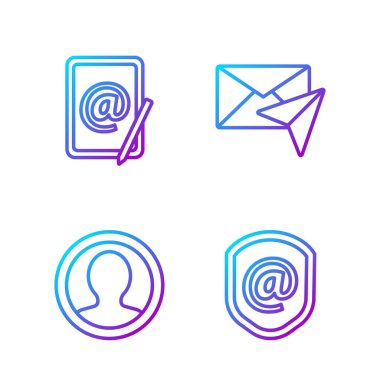 Satır Kalkanını e- posta ve e-posta ile ayarla, Hesap ekranı, e- posta ve e-posta ve Zarf oluştur. Renk simgeleri. Vektör.