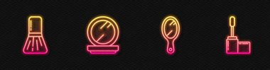El aynası, makyaj fırçası, pudra ve maskarayı ayarla. Parlayan neon ikonu. Vektör.