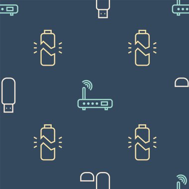 USB flaş bellek hattı, bozuk batarya, Router ve kablosuz şablona kablosuz bağlantı kur. Vektör.