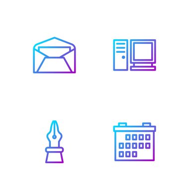 Satır Takvimi, Çeşme kalem ucu, Zarf ve Bilgisayar monitörünü ayarla. Renk simgeleri. Vektör.