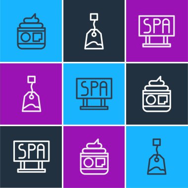 Krem ya da losyon kozmetik tüpü, kaplıca salonu tabelası ve çay poşeti ikonu koyun. Vektör.