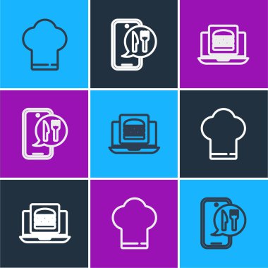 Şef şapkası ayarla, online hamburger siparişi ver ve ikon. Vektör.