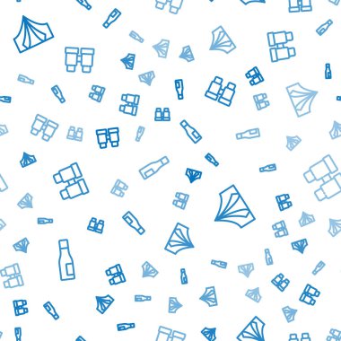 Bir şişe su, turist çadırı ve dürbünü düzgün bir şekilde yerleştirin. Vektör.