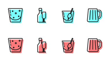 Kokteyl Bloody Mary, bir bardak rom, bardaklı şarap şişesi ve tahta bira bardağı ikonu. Vektör.