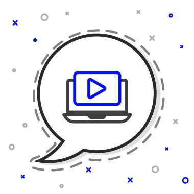 Line Online video simgesi beyaz arkaplanda izole edildi. Dizüstü bilgisayar ve oyun işaretli film şeridi. Renkli taslak konsepti. Vektör İllüstrasyonu.