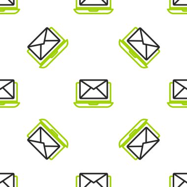 Zarflı dizüstü bilgisayar ve beyaz arkaplanda izole edilmiş ekran simgesinde açık e- posta. E-posta pazarlama, internet reklamcılığı kavramları. Vektör İllüstrasyonu.