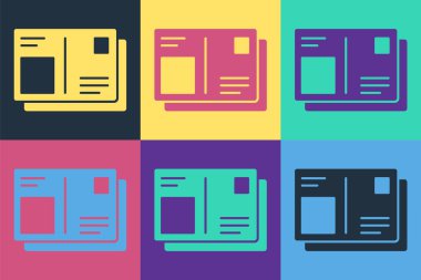 Renkli arka planda vize damgası simgesi olan pop sanat pasaportu. Kimlik Belgesi. Vektör İllüstrasyonu.