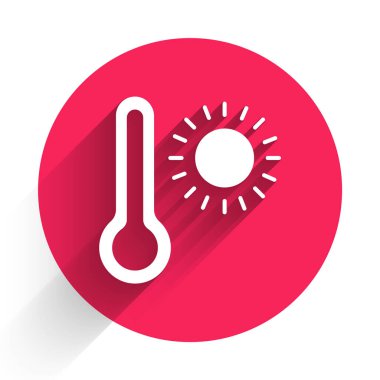 Beyaz Meteoroloji termometresi ısıyı ve soğuk ikonu uzun gölgeli olarak izole ediyor. Termometre termometresi sıcak ya da soğuk hava gösteriyor. Kırmızı daire düğmesi. Vektör.