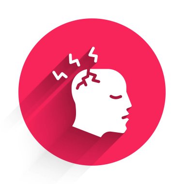 Beyaz adamın başı ağrıyor, migren ikonu uzun gölgeli. Kırmızı daire düğmesi. Vektör.