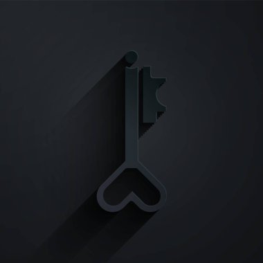 Kağıt kesiği anahtar kalp şeklinde simge siyah arkaplan izole. 8 Mart. Uluslararası Mutlu Kadınlar Günü. Kağıt sanatı tarzı. Vektör.