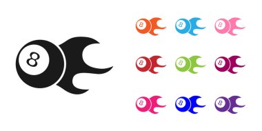 Siyah bilardo bilardo topu. Beyaz arka planda 8 numaralı ikon izole edilmiş. Simgeleri renklendirin. Vektör.