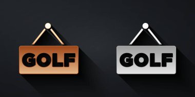 Siyah arkaplanda izole edilmiş altın ve gümüş golf simgesi. Uzun gölge tarzı. Vektör.
