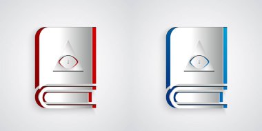 Kağıt, gri arka planda izole edilmiş Eskiler 'in sihirli kitabını simya tarifleri, mistik büyüler ve büyü simgesi ile kesiyor. Kağıt sanatı tarzı. Vektör.