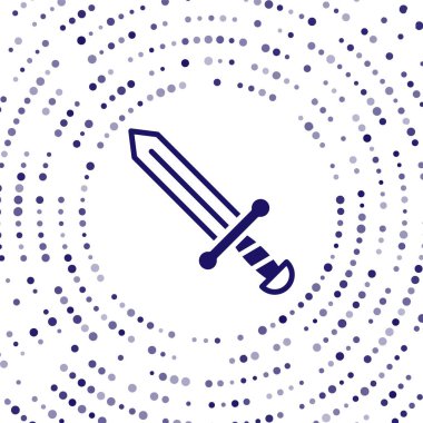 Mavi Ortaçağ kılıç simgesi beyaz arka planda izole edilmiş. Ortaçağ silahı. Soyut çember rastgele noktalar. Vektör.