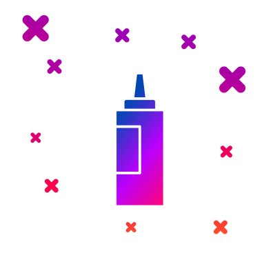 Beyaz arka planda izole edilmiş mavi sos şişesi ikonu. Ketçap, hardal ve fast food için soslu mayonez şişeleri. Soyut çember rastgele noktalar. Vektör.