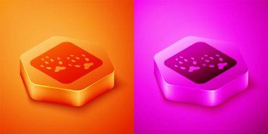 Isometric Fox patisi ayak izi ikonu turuncu ve pembe arka planda izole edilmiş. Altıgen düğmesi. Vektör.