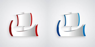 Kağıt kesiği, gri arka planda izole edilmiş Antik Yunan trireme ikonu. Kağıt sanatı tarzı. Vektör.