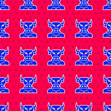 Mavi Minotaur simgesi kırmızı arkaplanda izole edilmiş. Efsanevi Yunan güçlü yaratığı Girit labirentinden efsanevi yarı insan boğa minotor. Vektör.