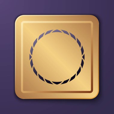 Mor bisiklet tekerleği simgesi mor arkaplanda izole edilmiş. Bisiklet yarışı. Tekerlek havası. Spor malzemeleri. Altın kare düğme. Vektör.