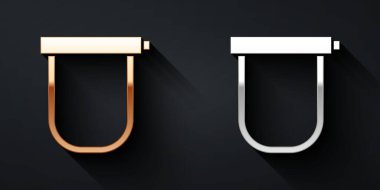 Altın ve gümüş bisiklet kilidi U şeklindeki sanayi simgesi siyah arka planda izole edilmiş. Uzun gölge tarzı. Vektör.