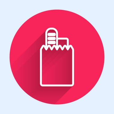 İnternetten sipariş edilen beyaz hat ve fast food dağıtım ikonu uzun gölgeli. Kırmızı daire düğmesi. Vektör.