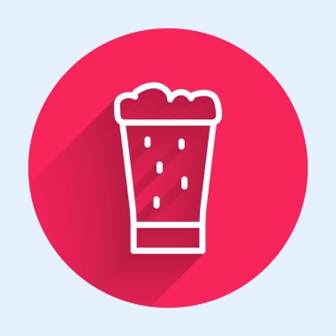 Beyaz çizgi, uzun gölgeli bira ikonu. Kırmızı daire düğmesi. Vektör.