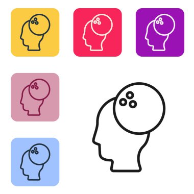 Siyah çizgi bowling topu simgesi beyaz arkaplanda izole edildi. Spor malzemeleri. Renkli kare düğmelerle simgeleri ayarla. Vektör.