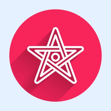 Beyaz çizgi pentagram simgesi uzun gölgeli izole edilmiş. Sihirli okült yıldız sembolü. Kırmızı daire düğmesi. Vektör.
