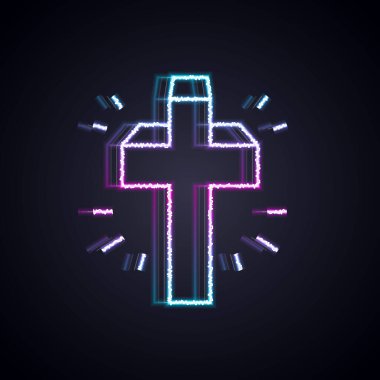 Parlayan neon hattı Hıristiyan çapraz simgesi siyah arka planda izole edildi. Kilise haçı. Vektör.