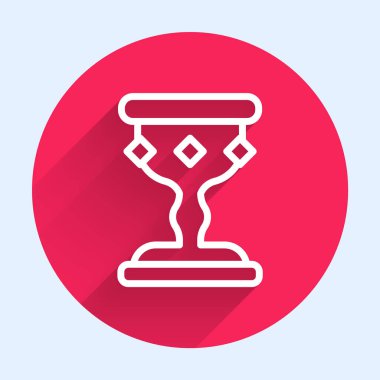 Beyaz çizgi Ortaçağ kadeh ikonu uzun gölgeli izole edilmiş. Kırmızı daire düğmesi. Vektör.