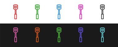 Siyah ve beyaz arkaplanda izole edilmiş ızgara spatula simgesini ayarla. Mutfak spatula ikonu. Barbekü spatula işareti. Barbekü ve ızgara aleti. Vektör.