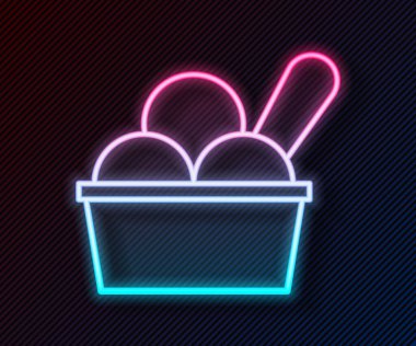 Siyah arka planda izole edilmiş kase ikonundaki parlak neon çizgisi dondurma. Güzel sembol. Vektör.