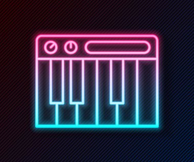 Parlayan neon hattı Müzik Sentezleyici simgesi siyah arkaplanda izole edildi. Elektronik piyano. Vektör.