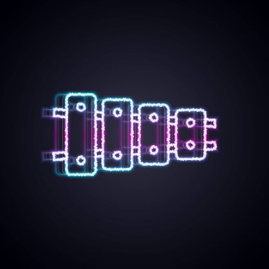 Parlayan neon hattı ksilofon - 13 tahta çubuklu müzik aleti ve siyah arka planda izole edilmiş iki perküsyon tokmağı ikonu. Vektör.