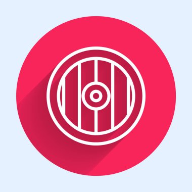 Beyaz çizgili Yunan kalkanı, uzun gölgeli Yunan süsleme ikonu. Kırmızı daire düğmesi. Vektör.