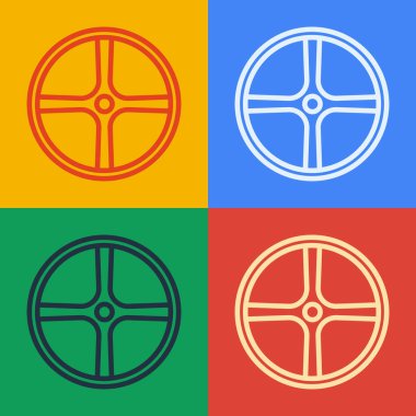 Pop sanat eseri bisiklet tekerleği simgesi renk arkaplanında izole edilmiş. Bisiklet yarışı. Olağanüstü bir spor. Spor malzemeleri. Vektör.