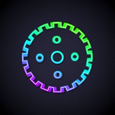 Parlayan neon çizgisi, siyah arkaplanda izole edilmiş bisiklet sprokrank ikonu. Vektör.