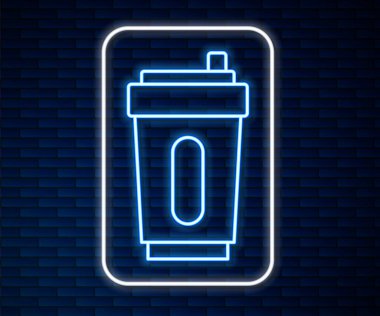 Duvarda izole edilmiş su ikonu olan parlak neon hattı spor şişesi. Vektör.