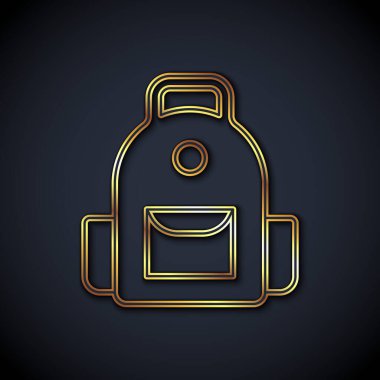 Altın çizgili okul sırt çantası simgesi siyah arkaplanda izole edildi. Vektör.