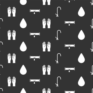 Su musluğunu, su damlasını, lastik eldivenleri ve su sızdıran kırık boruyu kusursuz bir şablona ayarla. Vektör.