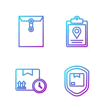 Hat teslimat güvenliğini kalkan, karton kutu ve hızlı sürat ile ayarlayın, Zarf ve Belge izleme işaretleme sistemi. Renk simgeleri. Vektör.