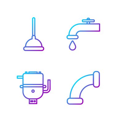 Hat sanayi metalik borusu, ısıtma suyu için elektrikli kazan, lastik pompa ve su musluğu. Renk simgeleri. Vektör.