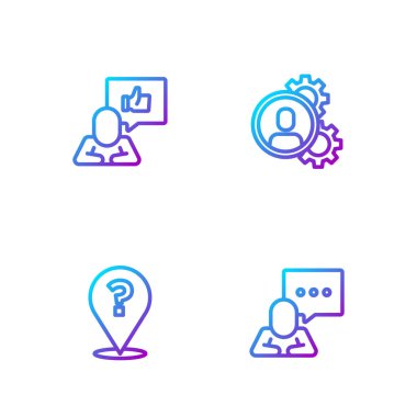 Konuşma baloncuğu sohbeti, soru işareti, el beğenme ve kafa avcılığı. Renk simgeleri. Vektör.