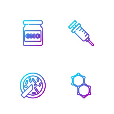 Hat kimyasal formülü, bakteri, GDO ve şırıngalı Petri kabı. Renk simgeleri. Vektör.