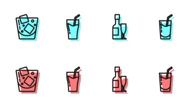 Şampanya şişesi ve bardak, bir bardak viski, meyve suyu ve kokteyl ikonu. Vektör.